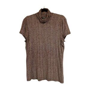 Lauren Ralph Lauren Herringbone Short Sleeve Mock Neck Top Brown Cream Large